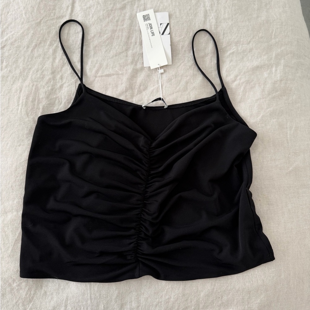 Zara Black Ruched Spaghetti-Strap Cami